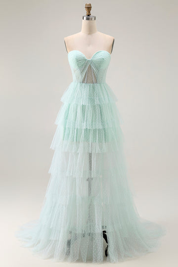 Light Green Tiered Strapless A Line Prom Dress